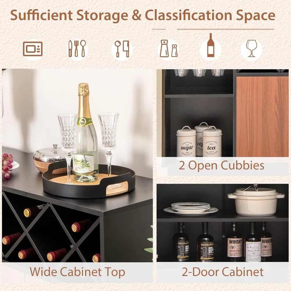 خزانة جانبية للبوفيه، خزانة قاعدة لبار النبيذ مقاس 45 بوصة × 15 بوصة × 32 بوصة، حامل زجاجي، خزانة مطبخ لمشروبات أدوات المطبخ، محطة بار القهوة