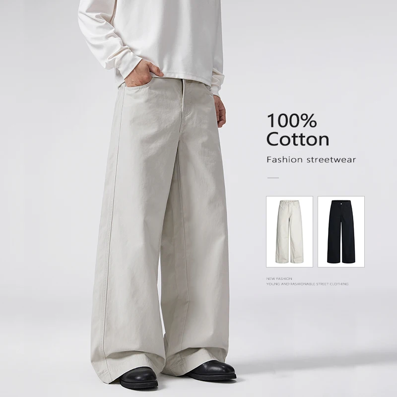 

100% Cotton Baggy Gray White Pants Men's Fashion Streetwear Comfortable A-line Loose Straight High Quality Casual Trousers