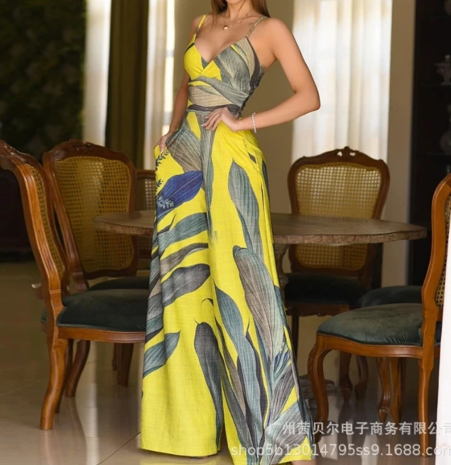 

Autumn Elegant New Yellow Printed Camisole Jumpsuit Without Positioning Printed Temperament, Commuting Jumpsuit