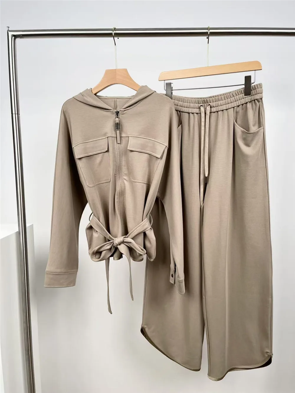 

Women's 25 Autumn/Winter New Cotton Hoodie Set~Zippered Belt Coat with Casual Pants Two Piece Set