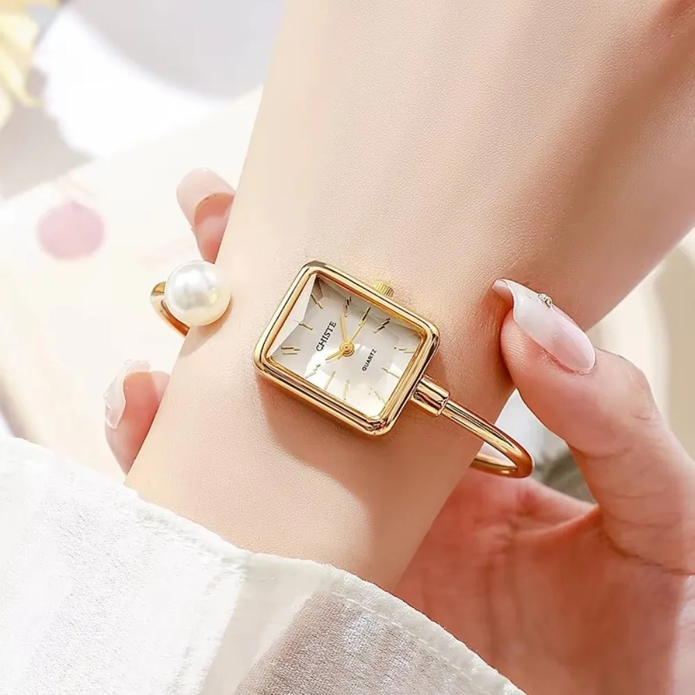 Fashion Square Dial Wrist Watch Pearl Strap Open Bracelet Pearl Bracelet Watch Quartz Watch Women