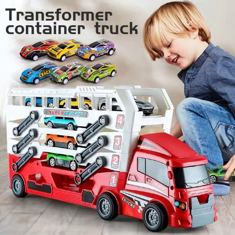 Children Educational Alloy Storage Container Engineering Truck Deformation Big Truck Track Catapult Car kids Toys with 6 cars