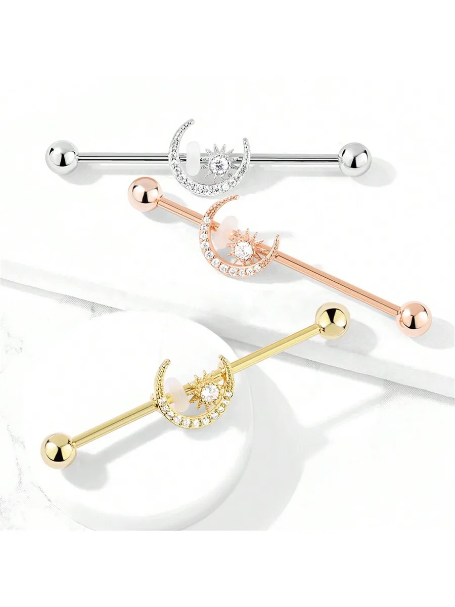

Cubic Zirconia Moon Sun Industrial Barbell Ear Piercing Stud 316 Stainless Steel Body Jewelry For Party Daily