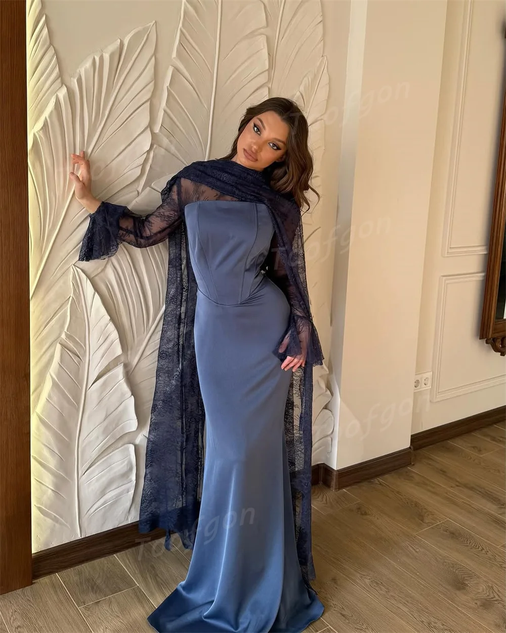 Toofgon Hoge Hals Marineblauw Zeemeermin Avondjurken Aangepaste Zijde Satijn Lange Kanten Mouw Galajurk Vrouwen Formele Feestjurk