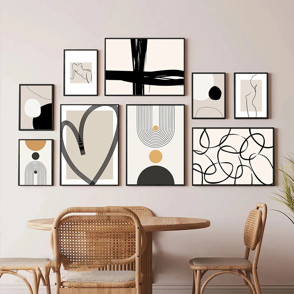 Abstract Black Beige Lines Wall Art Boho Posters Canvas Painting Minimalist Modern Print Pictures Living Room Home Decoration