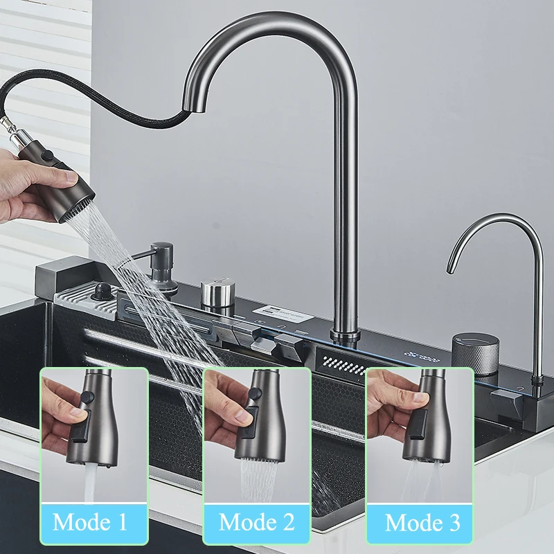 Kitchen Sink with Faucet Digital Display 304 Stainless Steel Large Single Slot Integrated Multifunction Waterfall Rain Sink Set