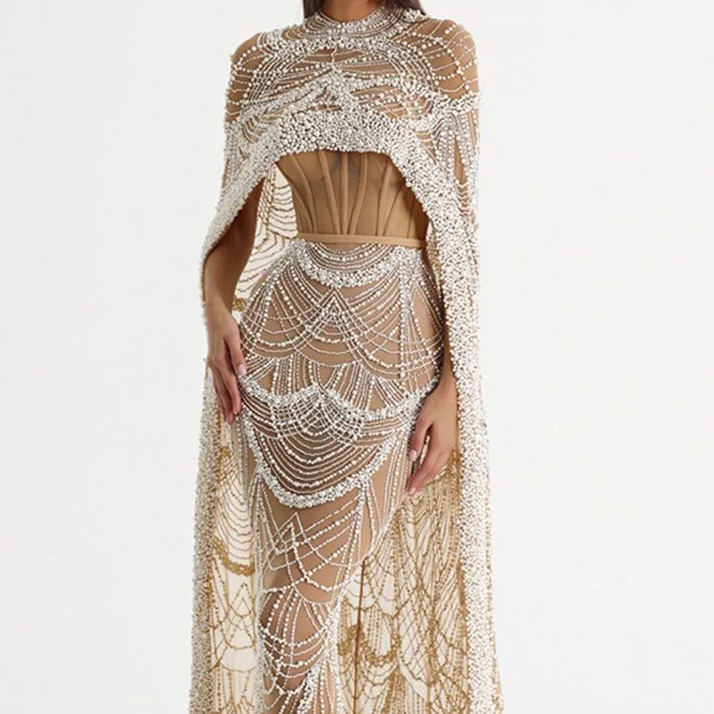 New Arabic Women Floor length Mermaid Wedding Party Prom Dress Luxury Pearls Dubai Champagne Evening Dresses with Cape Sleeves