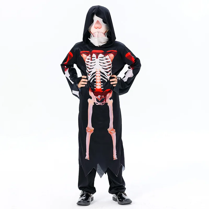 Kid's Skeleton Cosplay Hooded Halloween Costume Black Terror Clothes Chlidren Boy Girl Party Suit Stage Performance Outfit Fancy