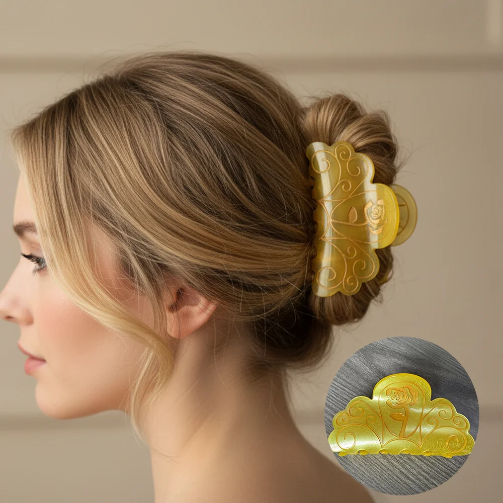 

Золотой аксессуар для волос (зажим для когтей) с ретро-узорами прокрутки и розовым дизайном, подходит для элегантных женщин, чтобы украсить их волосы.