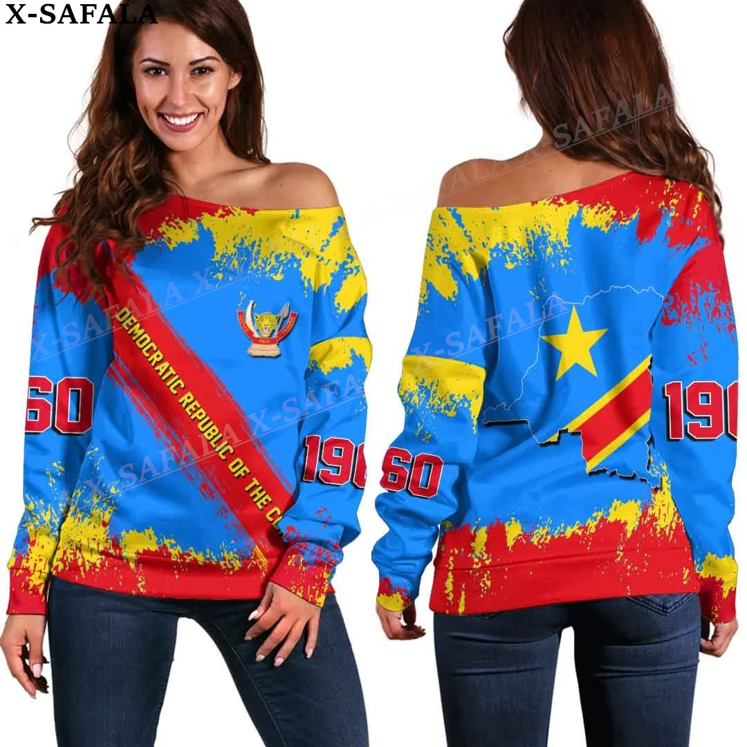 Democratic Republic of the Congo Off Shoulder Cropped Sweater Women Casual Long Sleeve Sweatshirt Jumper Top Sexy Loose Shirt-3