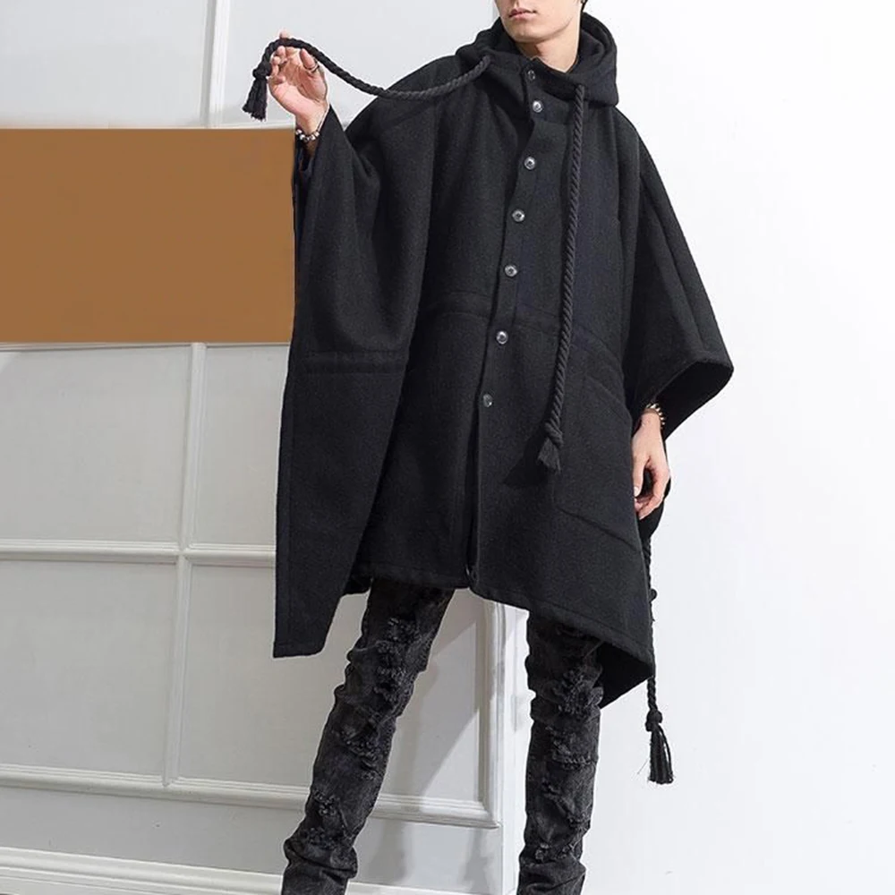 Mens Dark Style Mid-Length Casual Hooded Cape Autumn And Winter Genderless Fashion Retro Loose Solid Color Shawl Cape Unisex