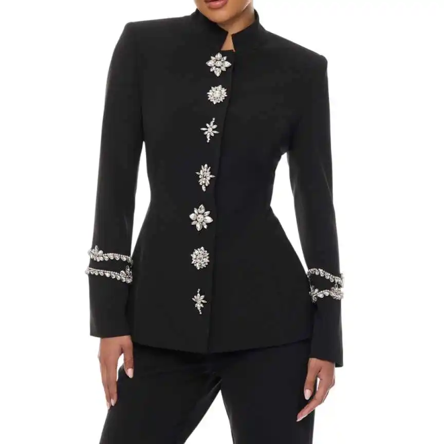 Designer Crystal Women Pants Suit Celebrity Evening Party Wedding Formal Evening Wear Jacket Blazer Sets 2 Pieces