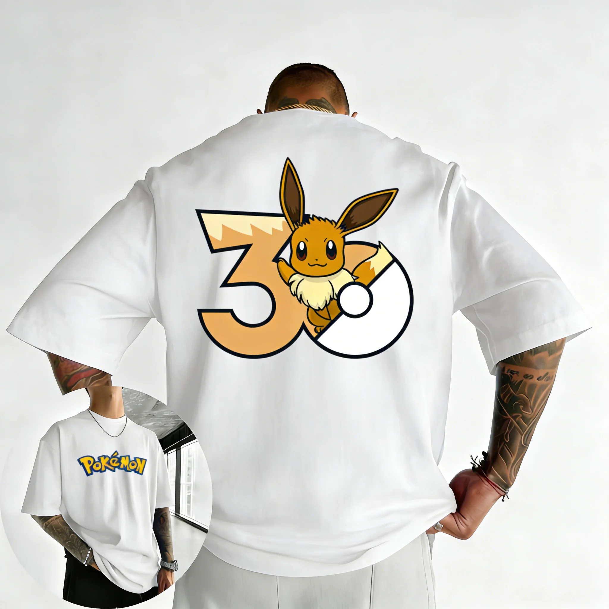 2026 Pokémon 30. Jubiläum Eevee Bedrucktes T-Shirt Sommer Neu Herren und Damen Trendiges Großes Lockeres Lässiges Y2K Kurzarm-Oberteil – Detail 7