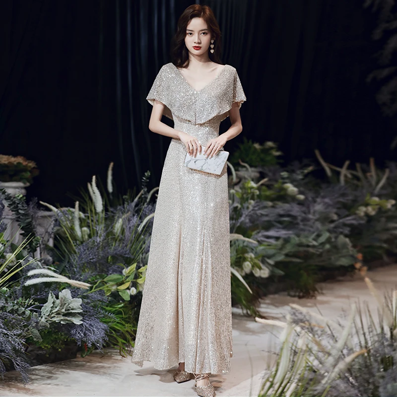 

Sequined Evening 2024 New Light Luxury Minority Design Sense Banquet Host Dress Temperament Long