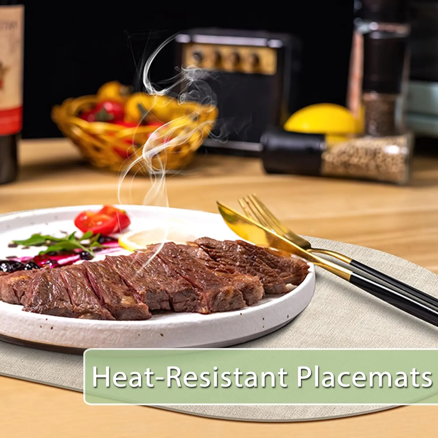 8-Pack Double-Layer Oval Leather Placemats, Non-Slip & Heat Resistant, Waterproof & Easy Clean, Beige