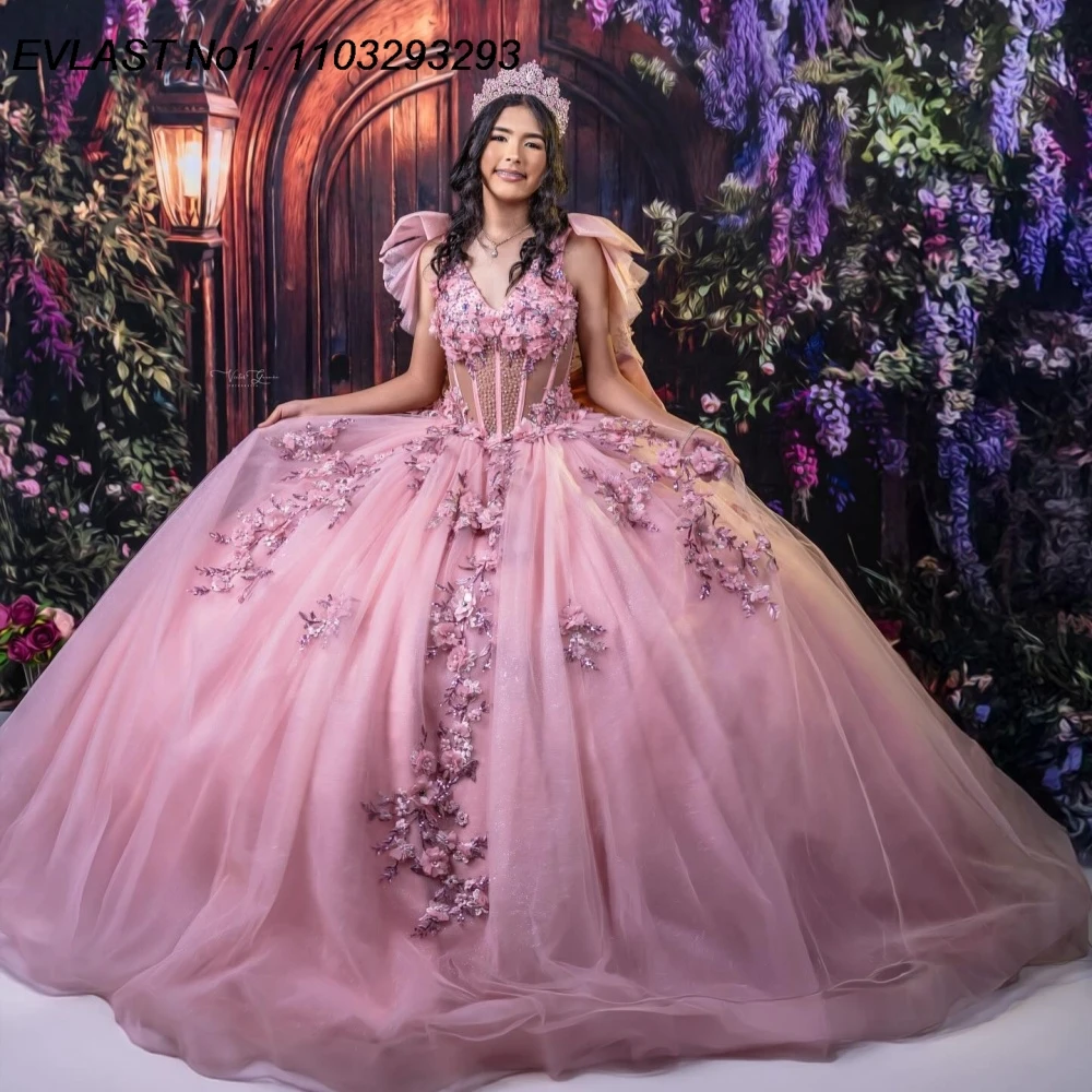 

EVLAST Роскошное розовое бальное платье по индивидуальному заказу Платье Quinceanera с 3D цветочной аппликацией и бантом из бисера Sweet 16, Vestidos De 15 Anos E1QN158