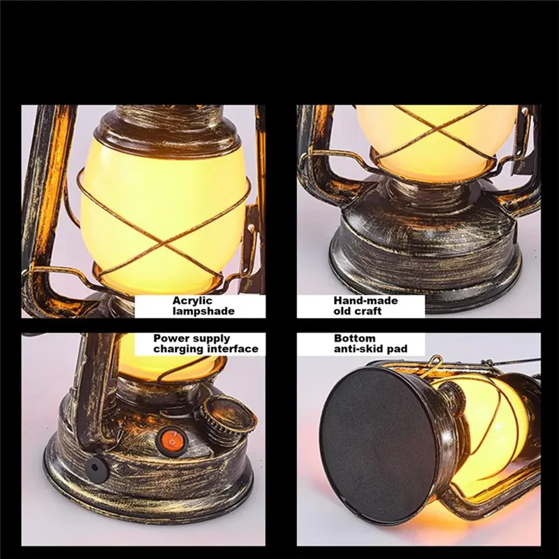 

AUU-Portable Camping Lamp USB Rechargeable Hanging Tent Lantern Without Remote Control Dynamic Flame Light Battery Powered