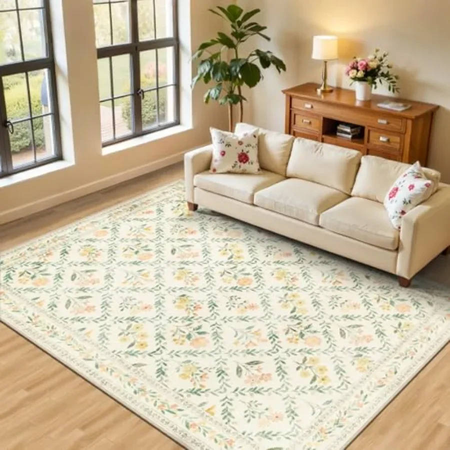 

6x9 Area Rugs for Living Room: Floral Washable Rug Vintage Large Soft Boho Non-Slip Carpet Indoor Stain Resistant Thin Carpets