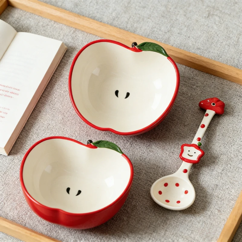 

Creative Cute Apple Shaped Ceramic Bowls Spoons Food Grade Household Soup Spoon Dinner Bowls Tableware Household Party Tableware