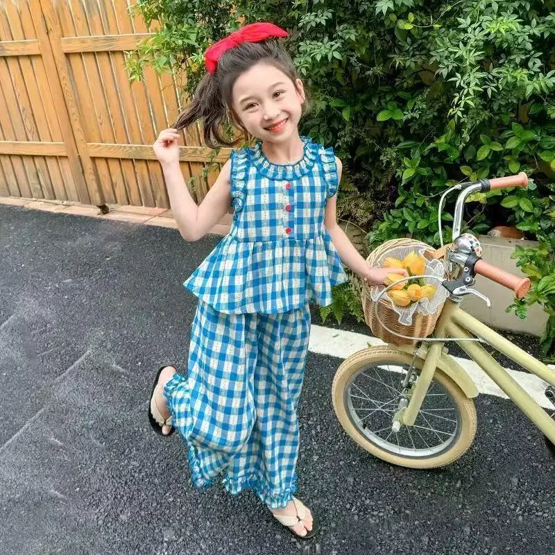 Sweet Girl Summer New Checkered Dress Cute Children's T-Shirt Wide Leg Pants Comfortable Skin Friendly Baby Set Sweat Wicking ﻿