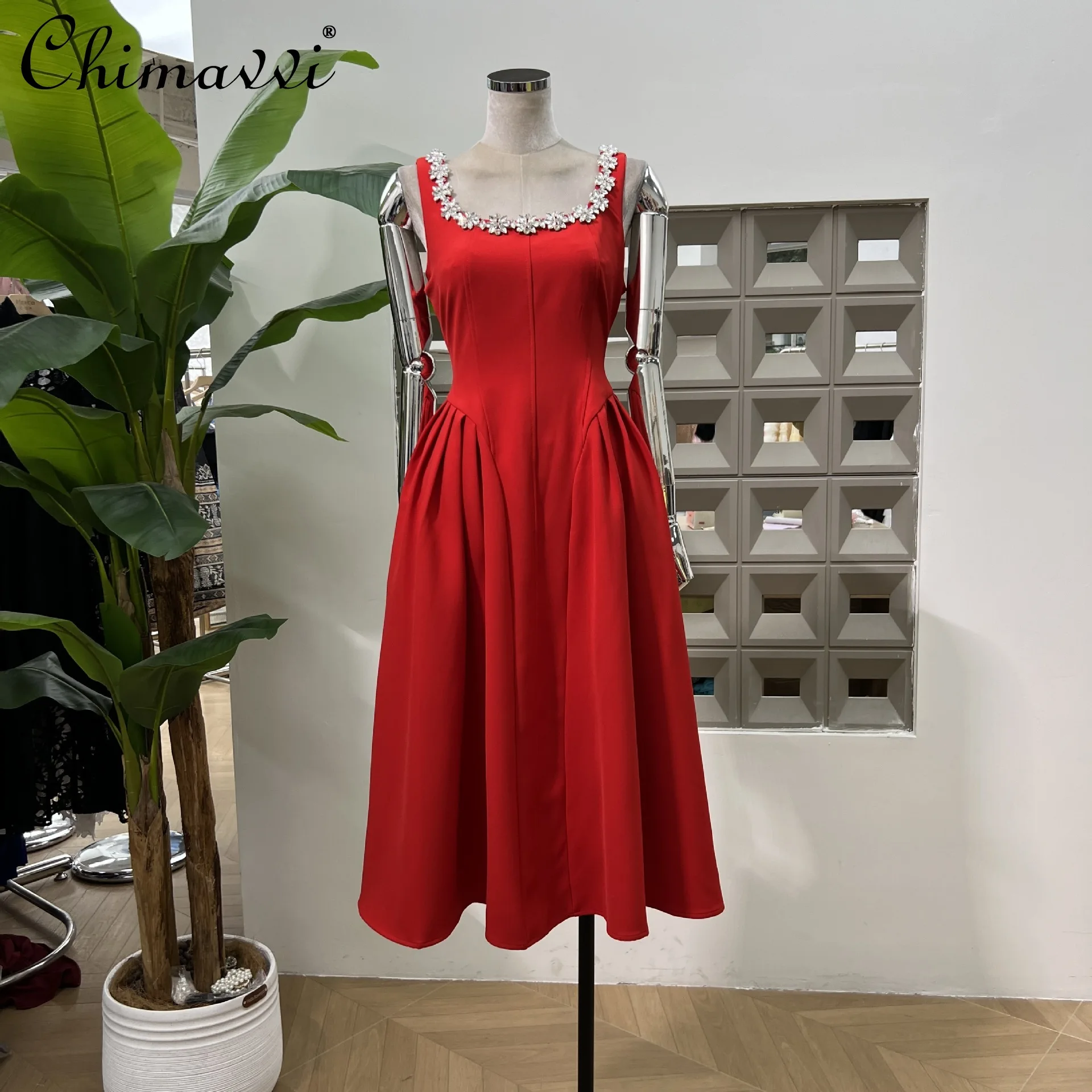 

French Elegant Temperament Diamond Square Neck Sleeveless Backless High Waist Slim A-line Simple Long Evening Dress Women Summer