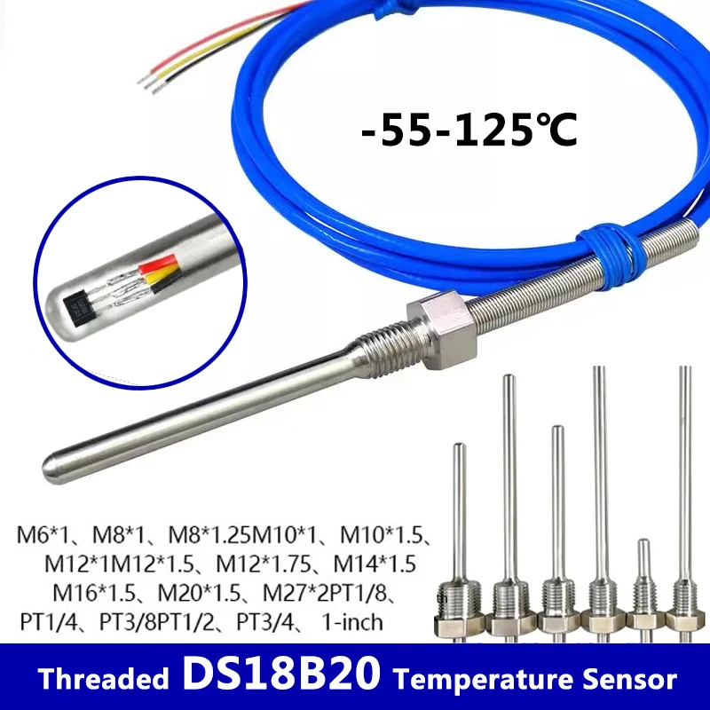 DS18B20 Waterproof Temperature Sensor Stainless Steel Probe, PTFE Threaded Digital Thermometer for Industrial Use