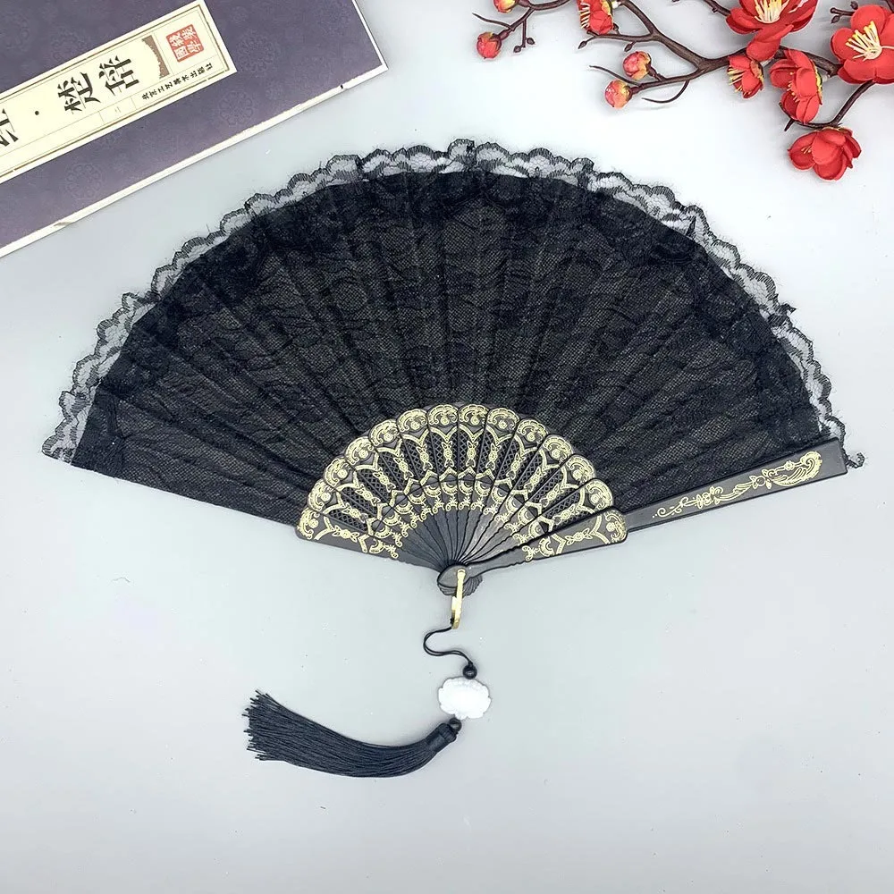 Fashion Lace Design Lace Hand Fan Tassel Foldable Lace Fan Floral Pattern Handheld Fan Dance
