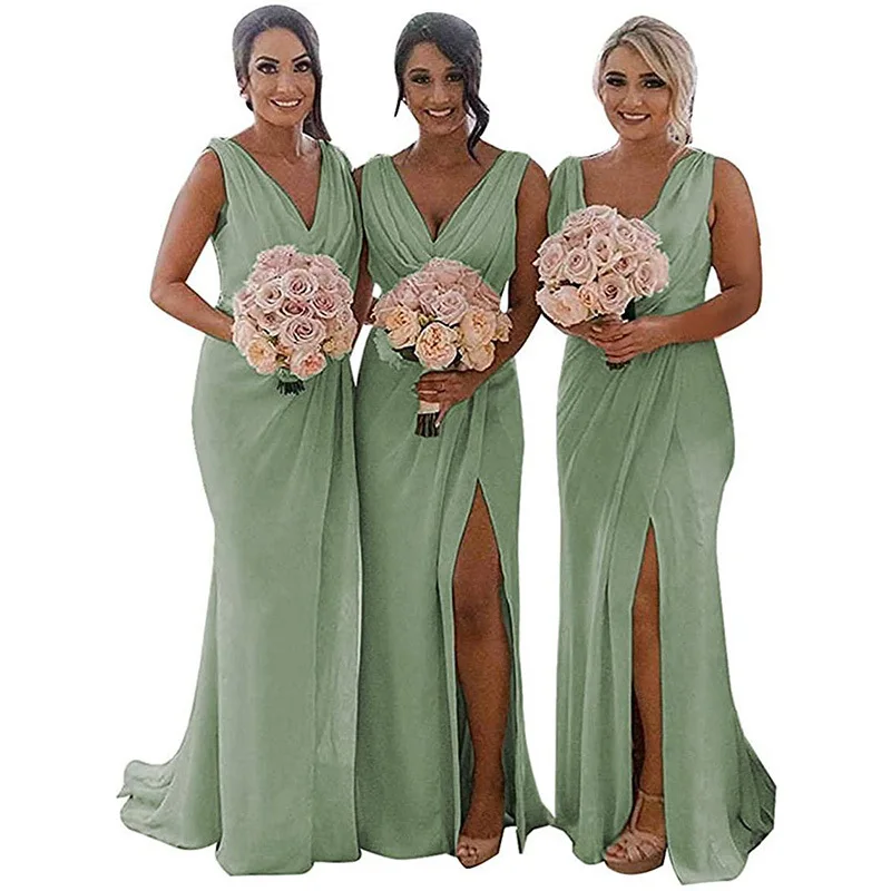 

2024 New Bridesmaid Dress Wedding Party V-Neck Slit Backless Dress Candy Color Chiffon Bridesmaid Dress