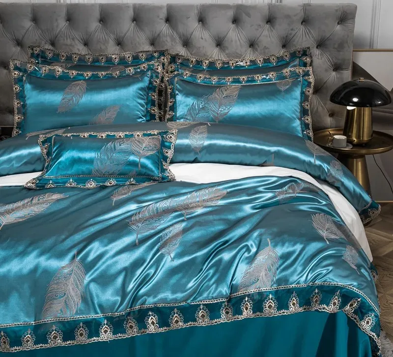 Jacquard Weave Sateen Lace Natural Chic Heavy Comforter Cover Set 4Pcs Satin Soft Luxury 1Duvet Cover 1Flat Sheet 2Pillowcases
