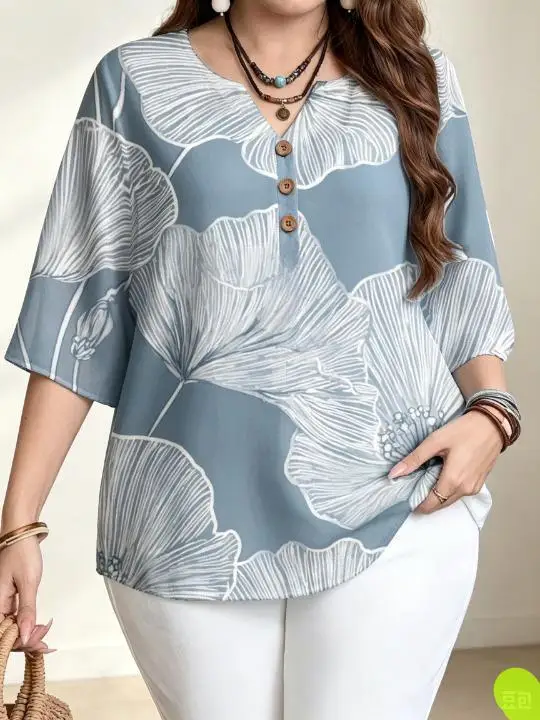 Women Large Line Art Floral Print Blouse For Curvy Figures Notched Neck 3/4 Sleeve Loose Casual Ladies Tops
