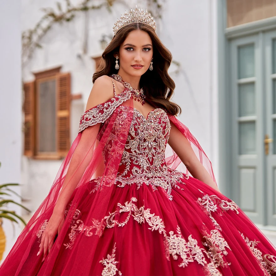 Maßgeschneiderte luxuriöse rote Quinceanera-Kleider, Ballkleid, geschwollener Tüll, Spitze, Perlen, Kristall, süße 16-Kleider, Prinzessinnen-Partykleider YQD32