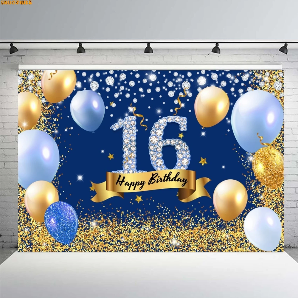 

Sweet 16th Birthday Party Backdrop Sparkling Diamond Glitter Balloons Boys Girls 16 Years Old Birthday Party Decor Background