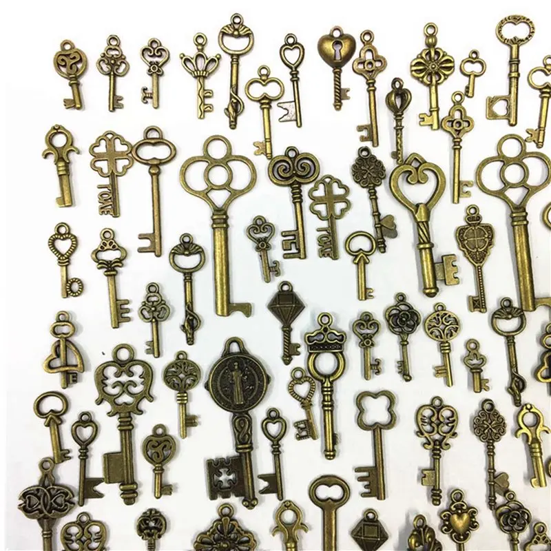 250Pcs Mix Metal Retro Antique Brass Vintage Bronze Old Looking Decorative Key Steampunk Charms Pendant Jewelry DIY-AT30