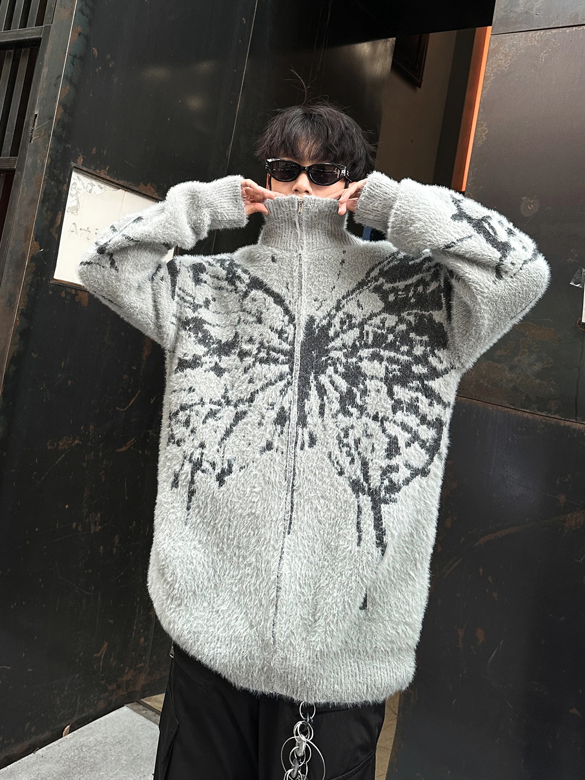 Maglione cardigan aperto con cerniera ricamata americana retrò da uomo Autunno Inverno Street Sle Jaet lavorato a maglia allentato pigro