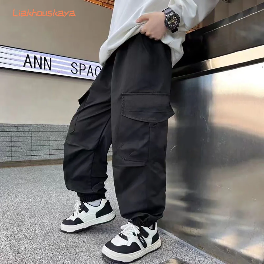 2026 New Spring Autumn Boys Cotton Cargo Pants Loose Fashion Handsome Streetwear Long Trousers Casual All Match Pants For 2-14Y
