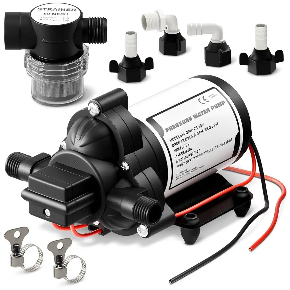

RV Water Pump 12V DC - Easy to Install Self Priming 4.0 GPM 45PSI 12V Water Pump with Pressure Switch, 50 Mesh Strainer, Thermal