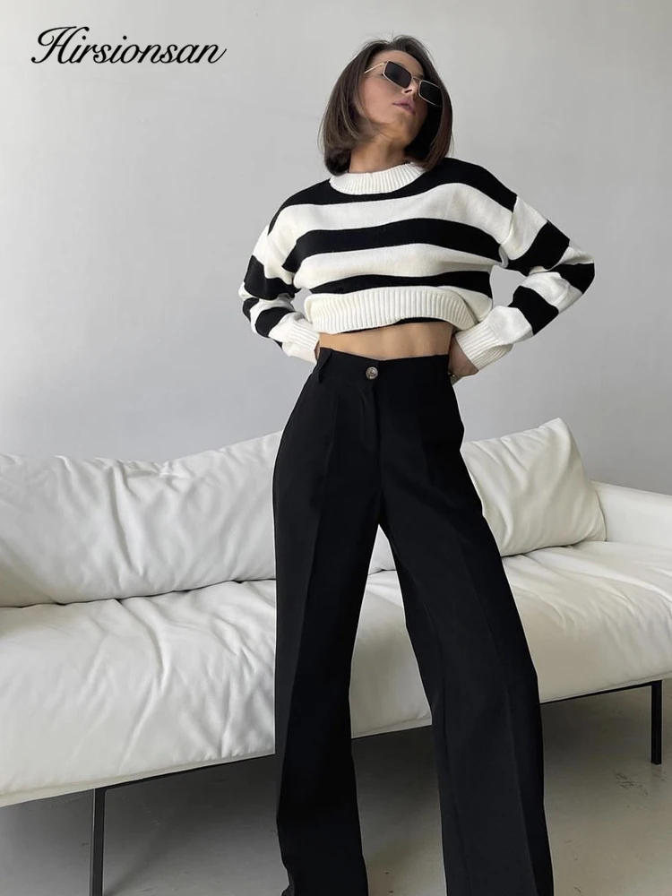 Hirsionsan Vintage Striped Patchwork Sweater Women Elegant Ladies Pullovers Warm Soft Long Sleeve Knitted Jumper Crop Tops