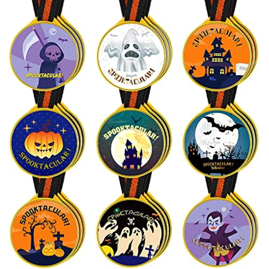 Sumind 18 Pcs Halloween Medal Trophy Halloween Party Costume Contest Awards Medals with Lanyard Witch Ghost Skeleton Pumpkin Me