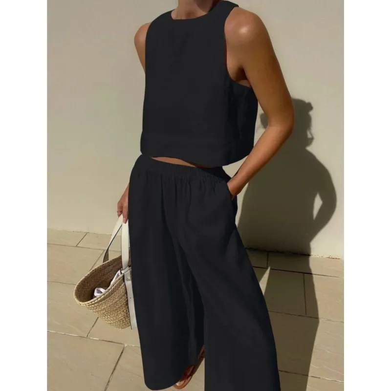Costume pantalon à jambes larges pour femmes, couleur unie, décontracté, ample, col rond, sans manches, chemise ample, pantalon à jambes larges, ensemble deux pièces, nouvelle collection été