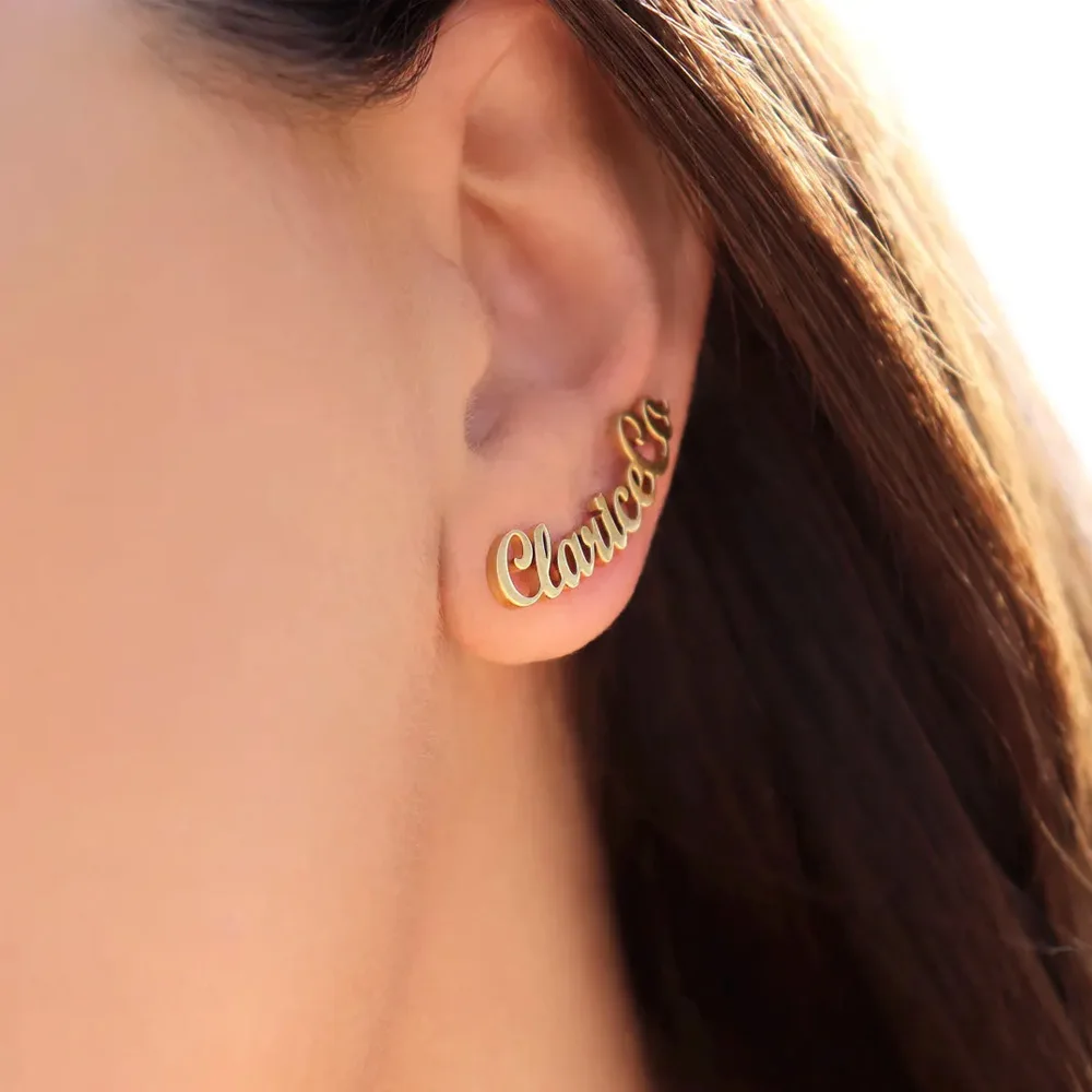 Haiyufly Personalized Custom Name Stud Earring for Women Girls Script Letter Earrings Stainless Steel Mother Kids Jewelry Gift
