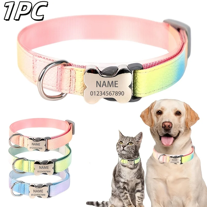 Custom PU leather dog collar with bone-shaped metal buckle, engravable name and phone ID tag Gradient color system