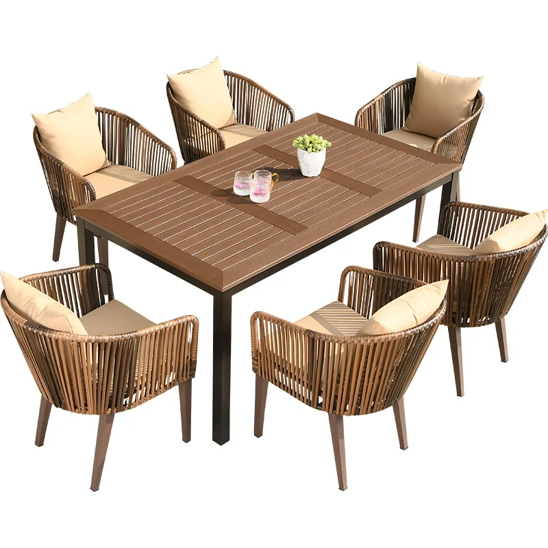 

Outdoor open-air coffee balcony casual rattan plastic wood tables and chairs