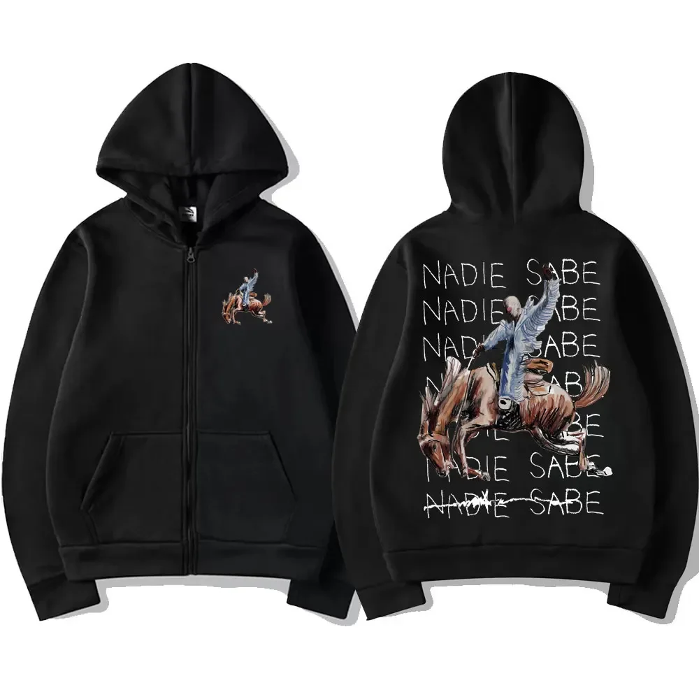 Hip Hop Vintage Bad Bunny Nadie Sabe Lo Que Va A Pasar Mañana Album Black Zipper Hoodie Long Sleeve Men Oversized Sweatshirt Y2k