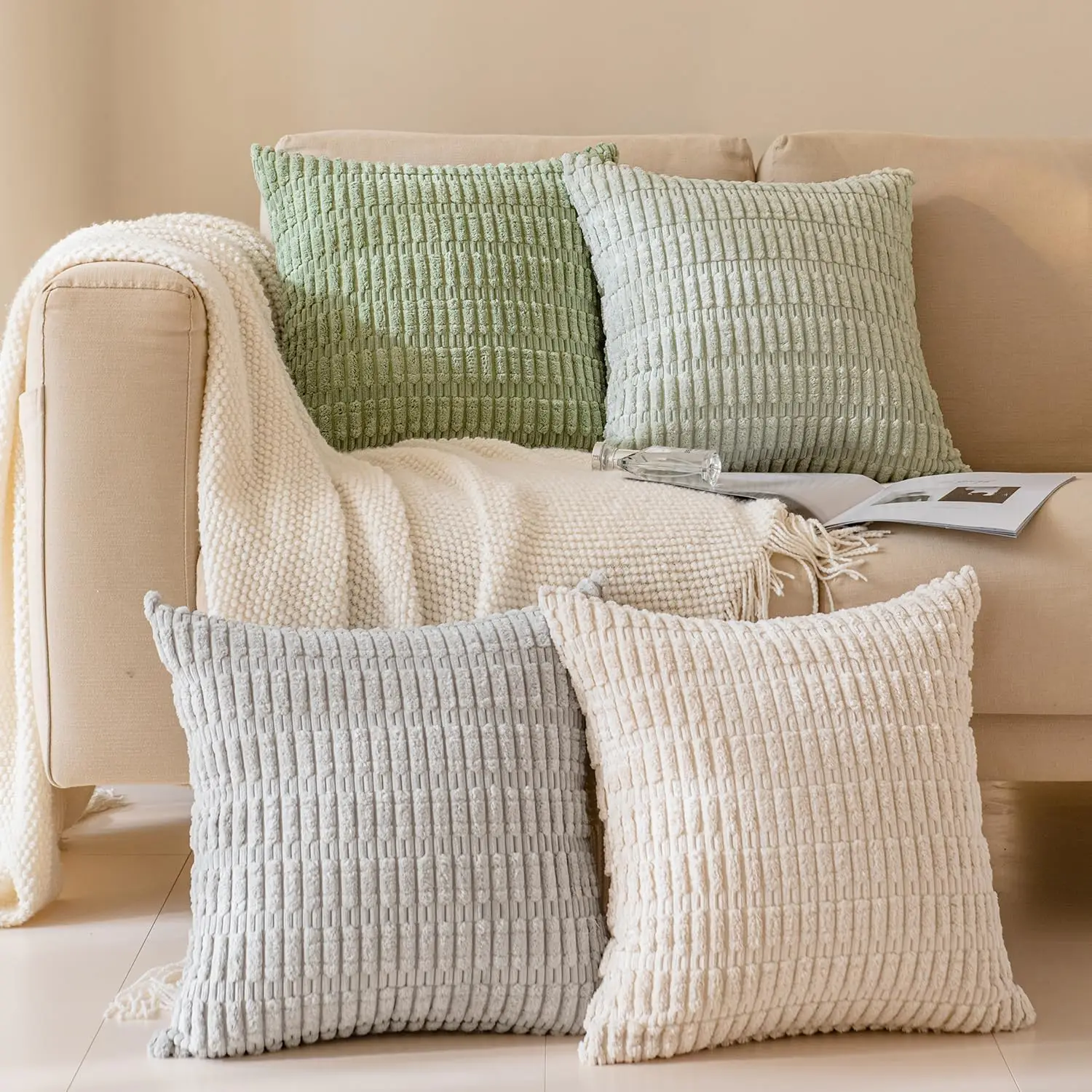 2Pcs 45CM Throw Pillow Covers for Living Room Couch Bed Sofa Soft Striped Farmhouse Boho Corduroy Square Cushion Case Home Decor