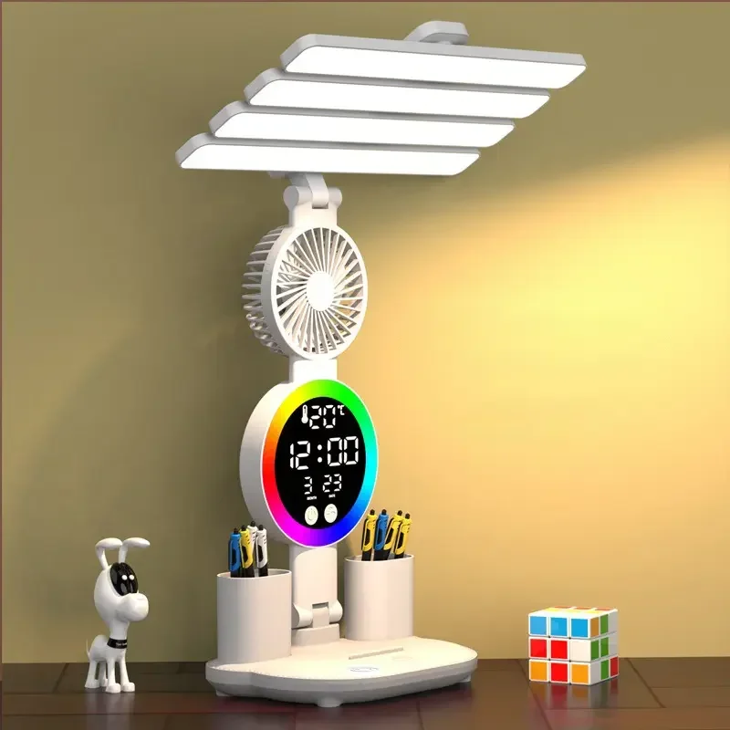 Multifunktions-Tischlampe, LED, vierköpfig, zusammenklappbar, mit Ventilator, Kalender, Uhr, wiederaufladbar, USB, Schreibtischlampe, Leselampe, Nachtlicht