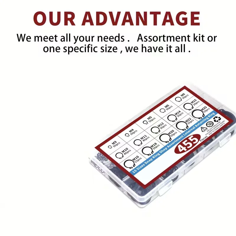 Kit surtido de anillos de seguridad internos, juego de arandelas de Clip C, kit de anillos de retención, M3-M25 de acero de 65Mn para orificio de eje de metal, 455 Uds.