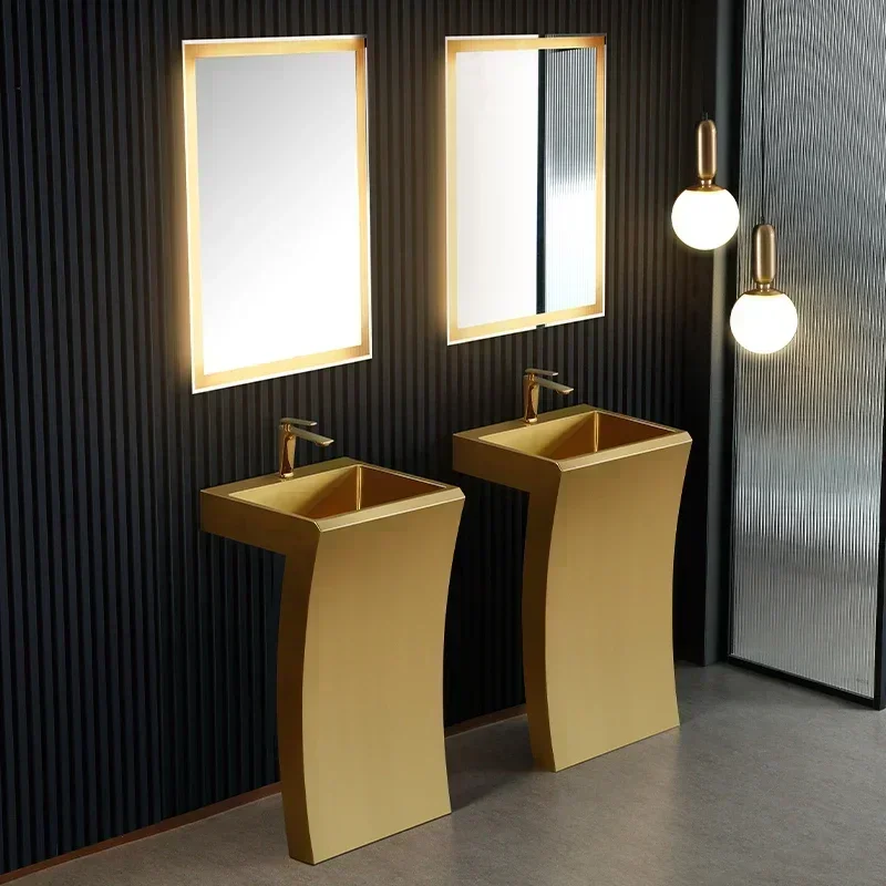 

A Black stainless steel hand basin integrated gold column washbasin hotel floor-to-ceiling washbasin