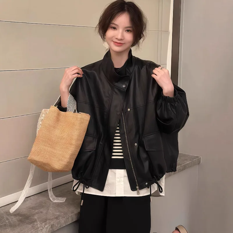 Stand-up Collar Leather Jacket Women's 2026 Autumn and Winter New High-end Loose Small Locomotive Clothes Drawstring Jacket Top