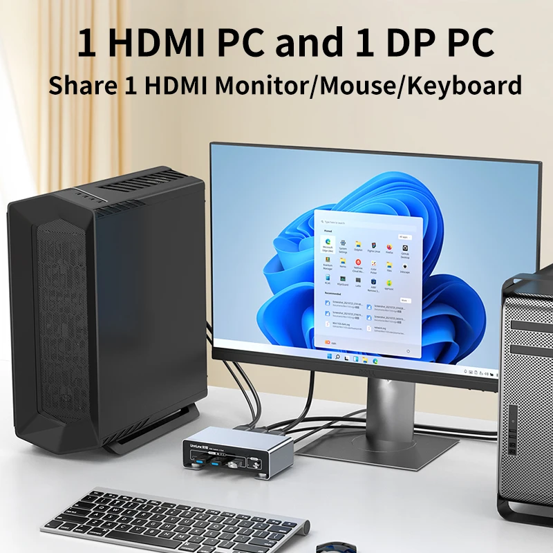 Unnlink HDMI DP to HDMI KVM Switch 4K60Hz, 2K144Hz, HDMI & DisplayPort PC Share Monitor/Mouse/Keyboard, 2 Computer 1 Monitor KVM