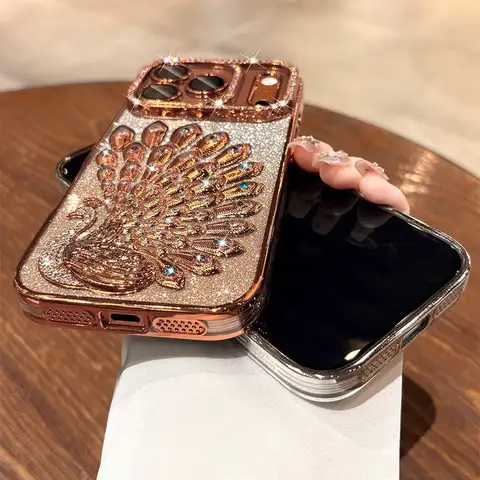 Luxury Plating Peacock Glitter Diamond Phone Case for iPhone 17 Pro Max Air 17 Pro 16 15 14 13 Soft Clear TPU Lens Film Cover